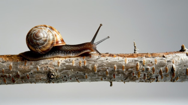 Um caracol sentado no galho de uma árvore