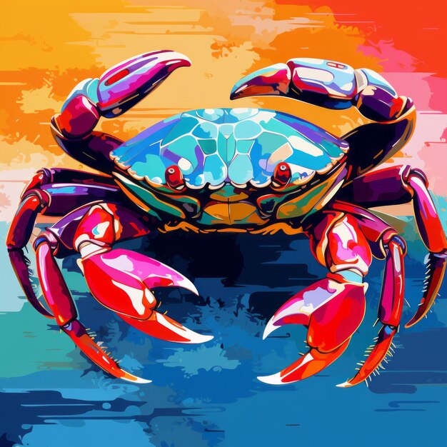 Um caranguejo colorido no estilo pop art, gradientes vibrantes e pinceladas detalhadas.