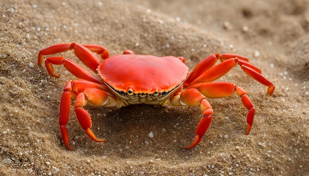 Um caranguejo está na areia com um carangueju vermelho à esquerda