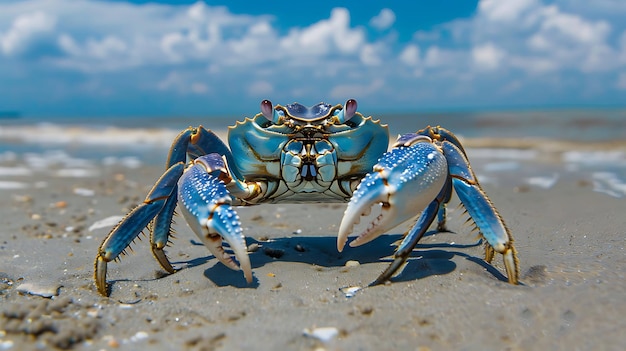 Um caranguejo está na praia com um céu azul ao fundo