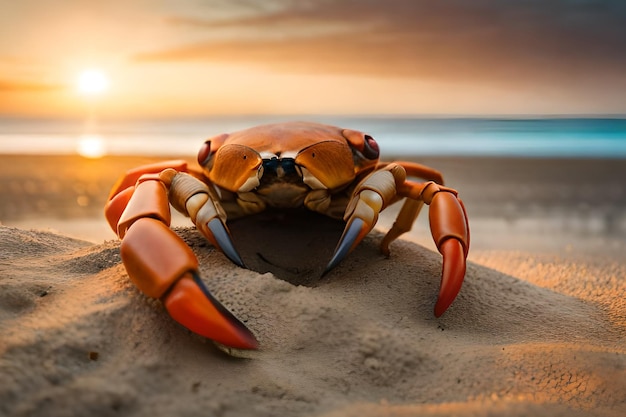 Um caranguejo na praia ao pôr do sol
