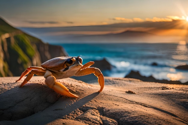 Um caranguejo senta-se em uma rocha ao pôr do sol.