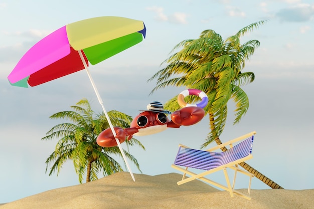 Um caranguejo voador em um chapéu sob um guarda-chuva ao lado de uma espreguiçadeira entre areia e palmeiras renderização 3D