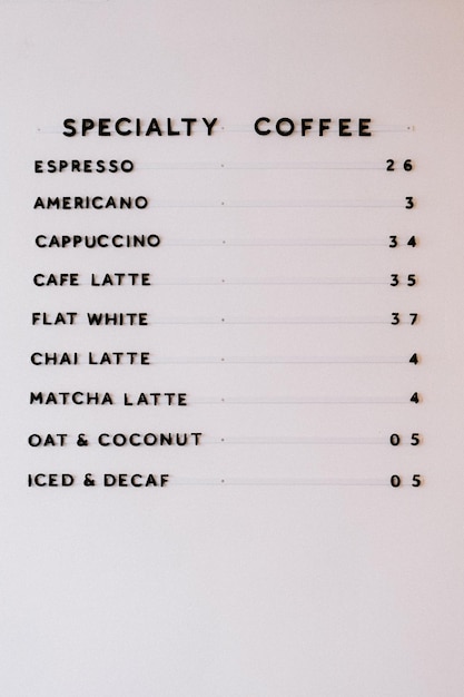 Foto um cardápio de café especial com preços