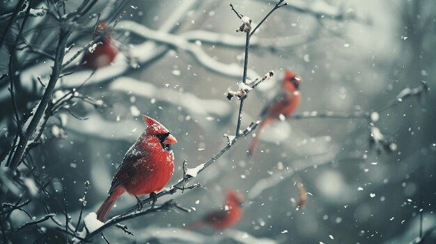 Foto um cardeal está empoleirado em um galho com neve nele