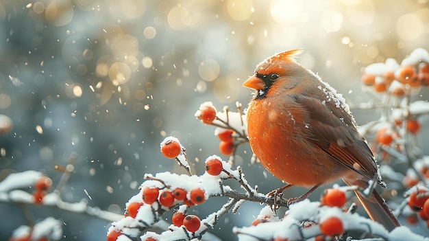 Foto um cardeal senta-se num galho com neve nele