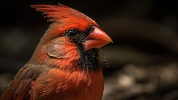 Um cardeal vermelho com bico preto e bico vermelho senta-se sobre um fundo escuro.