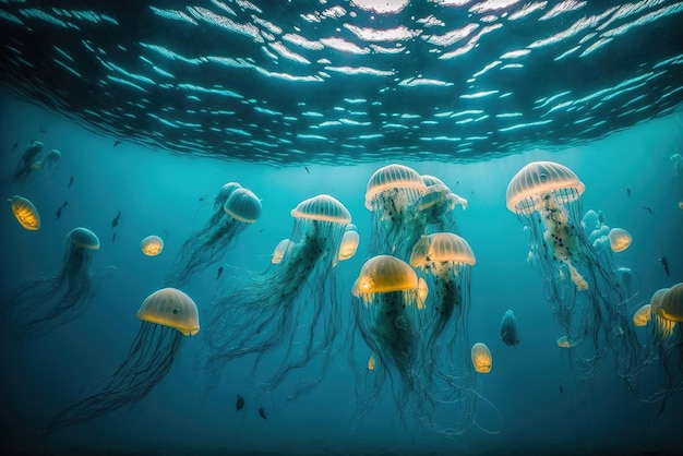 Um cardume de águas-vivas de urtigas do Pacífico flutuando em águas azul-turquesa