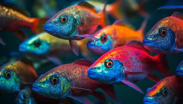 Foto um cardume de peixes coloridos nada em um recife tropical gerado por inteligência artificial
