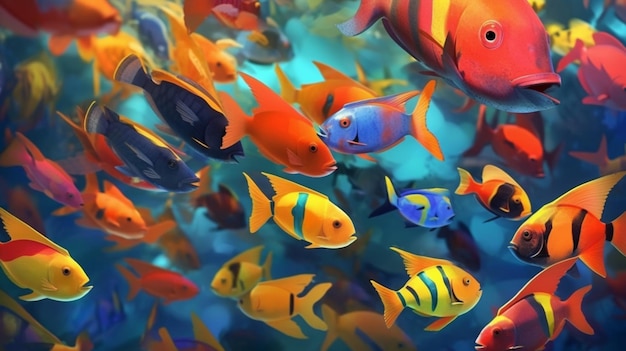 Foto um cardume de peixes tropicais de cores vivas