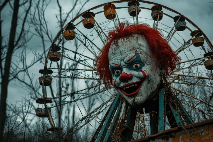 Foto um carnaval abandonado com uma roda gigante partida e um palhaço assustador.