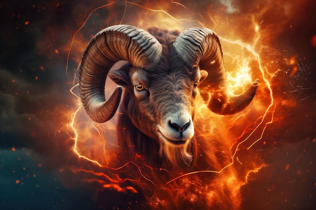 Um carneiro está confiantemente no centro de um céu cheio de nuvens fofas exibindo o símbolo do signo do zodíaco de Áries