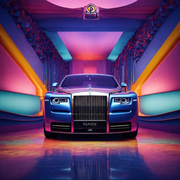 Um caro carro Rolls-Royce azul está estacionado na casa