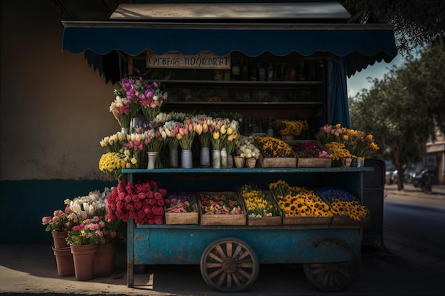 Um carrinho azul com flores que diz "tulipas" nele.