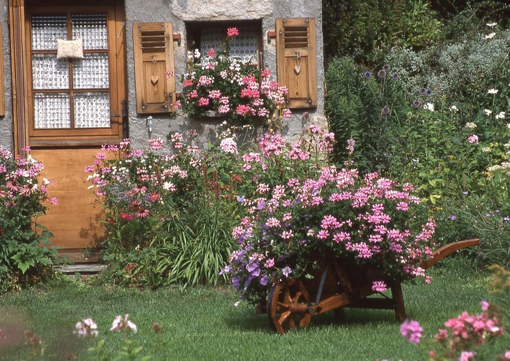 um carrinho com flores na frente de uma casa com um carrinho de mão