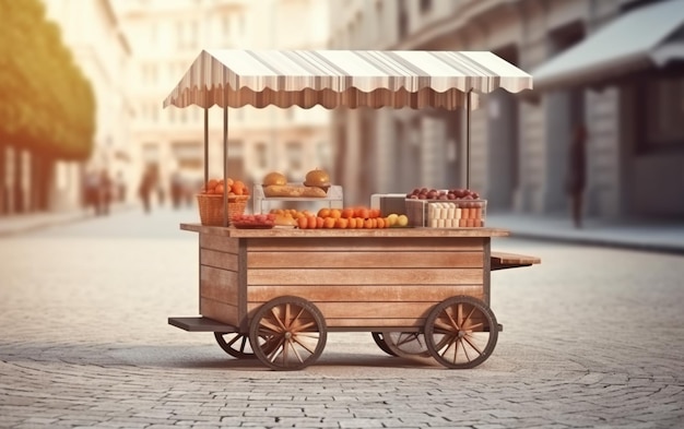 Um carrinho com um dossel que diz 'fruta' nele