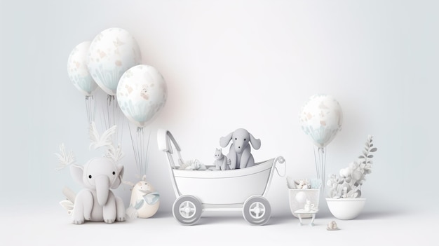 Um carrinho de bebê com um bebê e um coelho no fundo