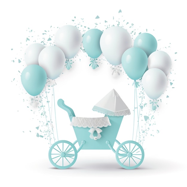 Um carrinho de bebê com um carrinho de bebê e balões ao fundo.