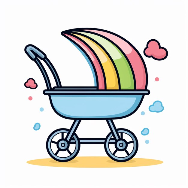 Foto um carrinho de bebê de desenho animado com um dossel de cores arco-íris