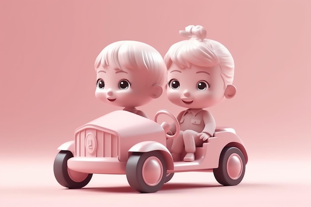 Um carrinho de brinquedo rosa com duas garotinhas nele.