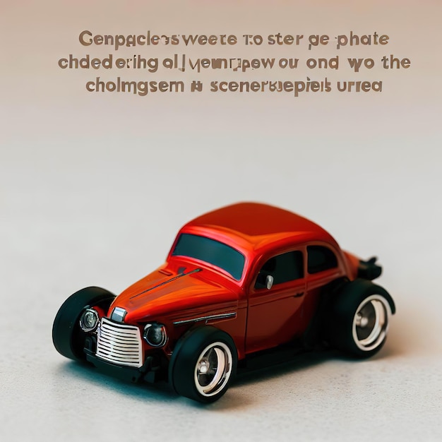 Foto um carrinho de brinquedo vermelho está sobre um fundo branco com as palavras 
