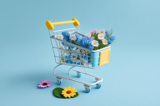 Um carrinho de compras azul e amarelo com flores