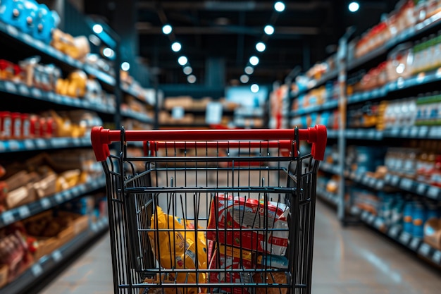 Um carrinho de compras cheio de compras num supermercado com IA gerada