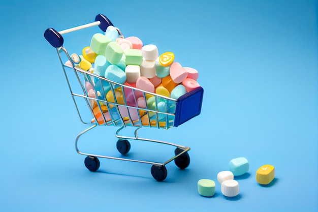 Um carrinho de compras cheio de comprimidos com um que diz "antibiótico" nele