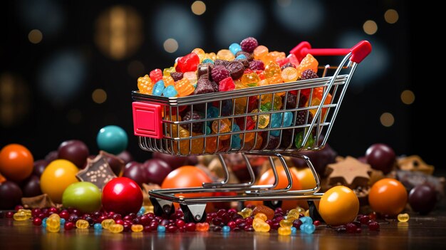 Um carrinho de compras cheio de doces coloridos e confetes em fundo escuro