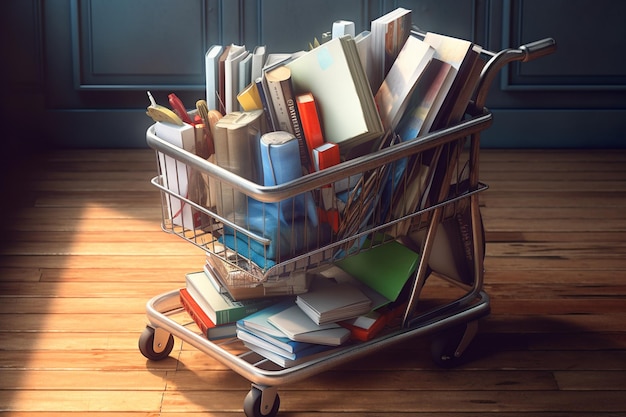 Um carrinho de compras cheio de livros num chão de madeira numa biblioteca