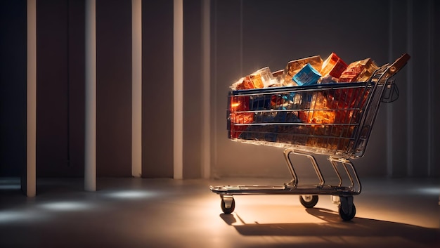 Um carrinho de compras cheio de tesouros da Cyber Monday iluminado por um holofote brilhante