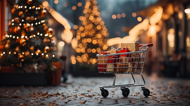 Um carrinho de compras com árvores presentes de Natal de uma árvore de Natal decorada vendas de férias e Ano Novo