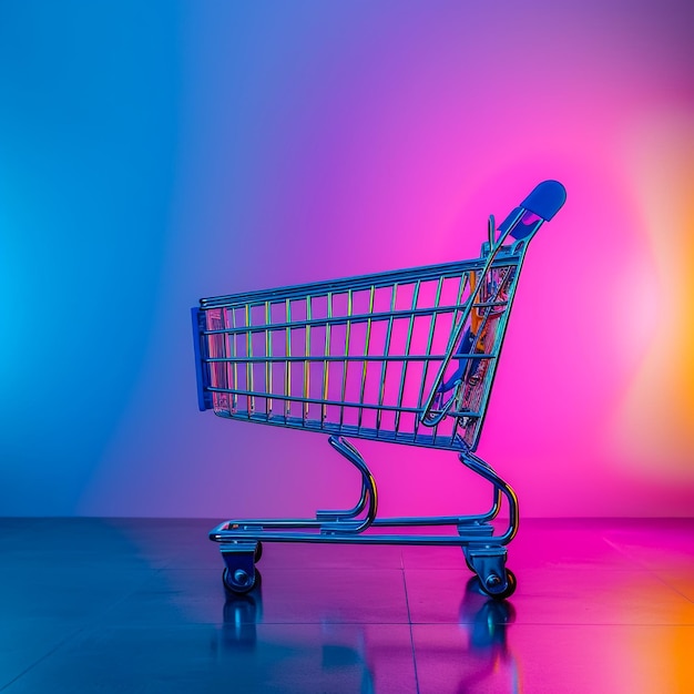 um carrinho de compras com um fundo colorido e uma luz colorida atrás dele