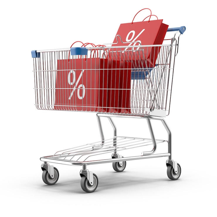 Foto um carrinho de compras com um saco vermelho que diz porcentagem