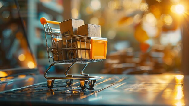 Um carrinho de compras em miniatura cheio de caixas em um fundo bokeh vibrante simbolizando compras on-line AI gerativa