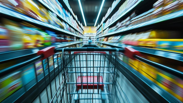 Foto um carrinho de compras se movendo rapidamente capturado em um borrão no corredor de uma loja simbolizando a agitação das compras diárias esta imagem transmite a natureza dinâmica da vida do consumidor ai generative