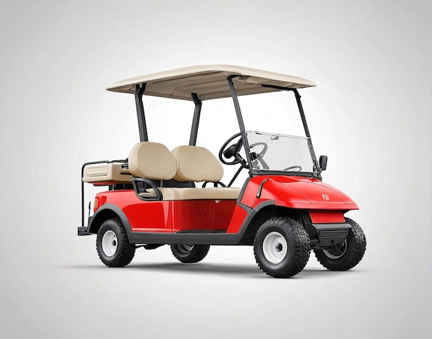 um carrinho de golfe vermelho com um assento bege