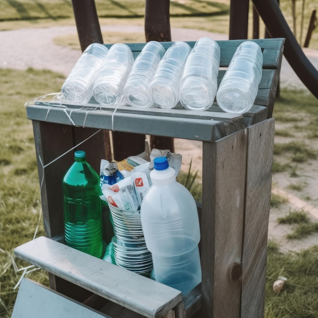Um carrinho de madeira com garrafas plásticas e uma garrafa verde de água.