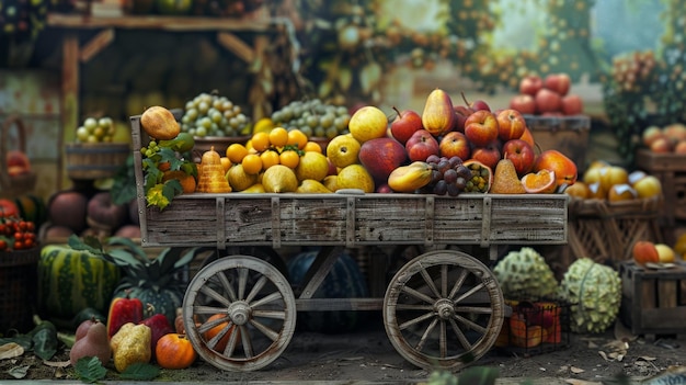 Um carrinho de madeira rústico repleto de frutas variadas em um movimentado mercado de agricultores convidando os espectadores a saborear os sabores da estação