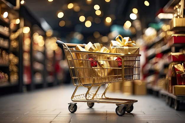 Um carrinho de supermercado com caixas douradas e vermelhas de presentes de Natal e Ano Novo