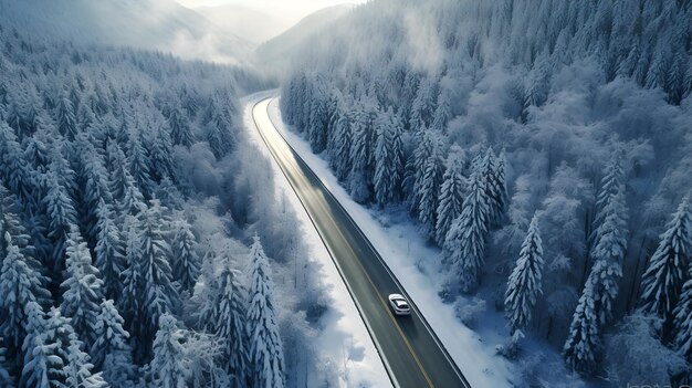 Um carro a conduzir numa estrada coberta de neve