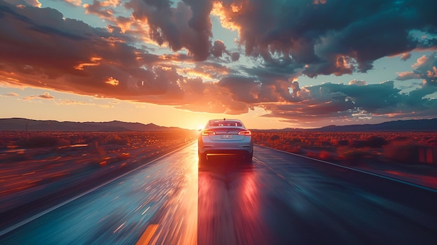 um carro a descer uma estrada com o sol a pôr-se atrás dele