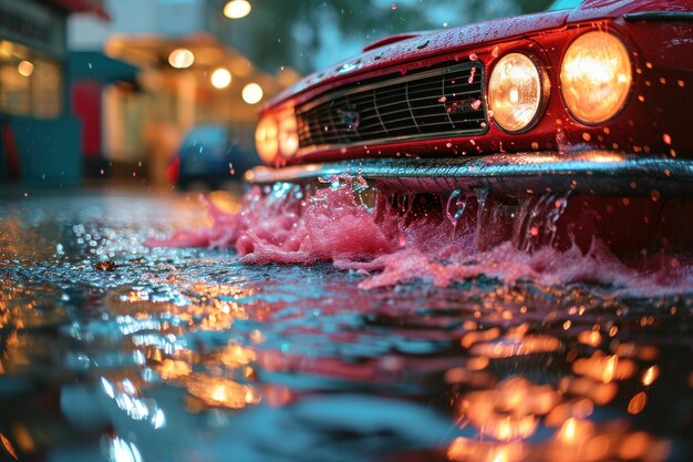 Foto um carro a ser lavado com espuma rosa