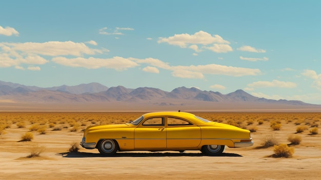 Um carro amarelo com a porta aberta está estacionado em uma estrada de terra.