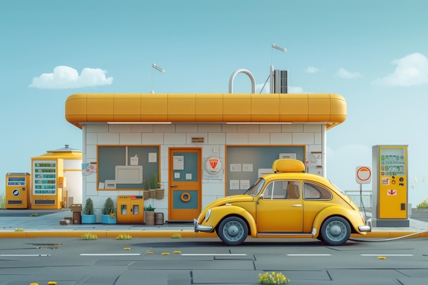 Um carro amarelo de desenho animado perto de uma estação de gasolina ilustração 3D