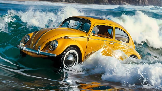 um carro amarelo está dirigindo através da água com as ondas batendo em torno dele