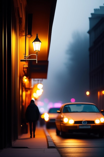 Um carro amarelo está estacionado em uma rua com um poste de luz aceso.