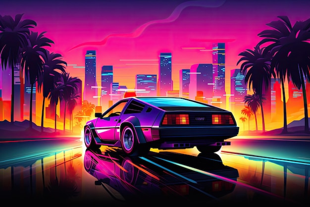 Um carro animado dirigindo por uma estrada colorida à noite no estilo de retrowave