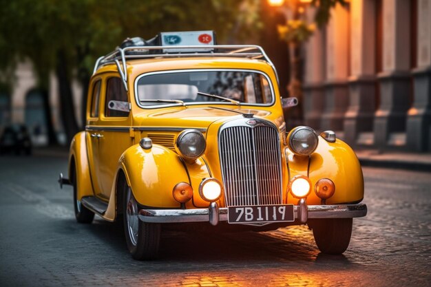 Um carro antigo com uma placa amarela que diz