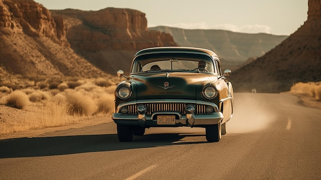 Um carro antigo dirige por uma estrada no deserto.